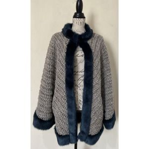 MARIA SOLE Made in Italy Alpaca Wool Blend Poncho Faux Fur Tan Blue Size L/XL